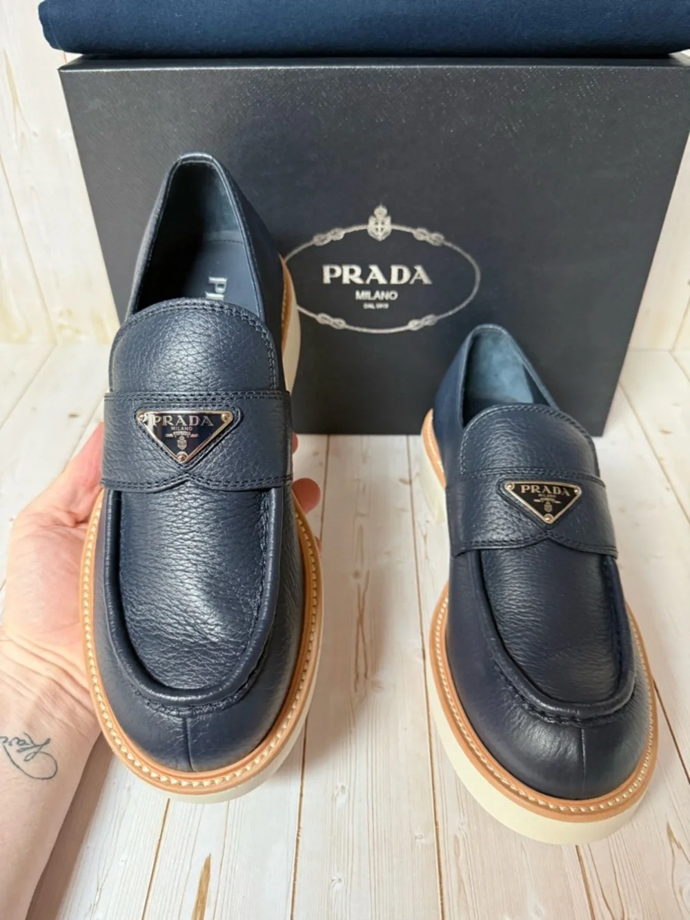 Prada Triangle-Logo Leather Loafers Navy Blue Sz 7.5UK / 8.5US - Picture 8 of 12